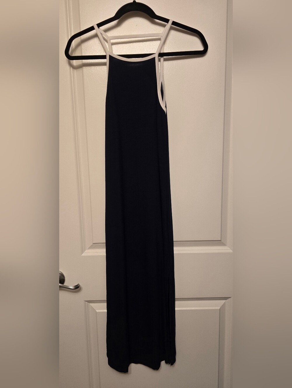 White-Trim Navy Maxi Dress - Sleeveless Halter Style One Size Fits Most